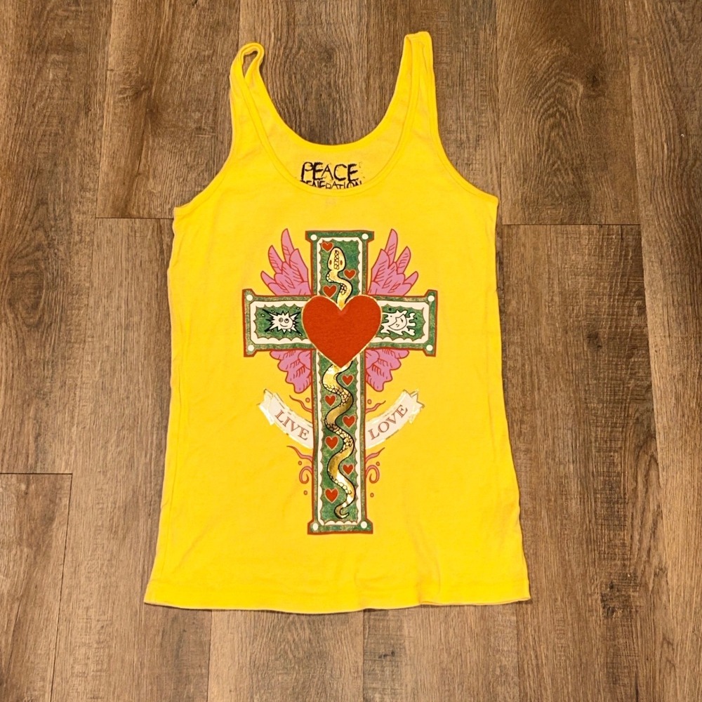 Peace Generation Yellow Graphic Tank Top Cross Snake Heart Live Love Medium